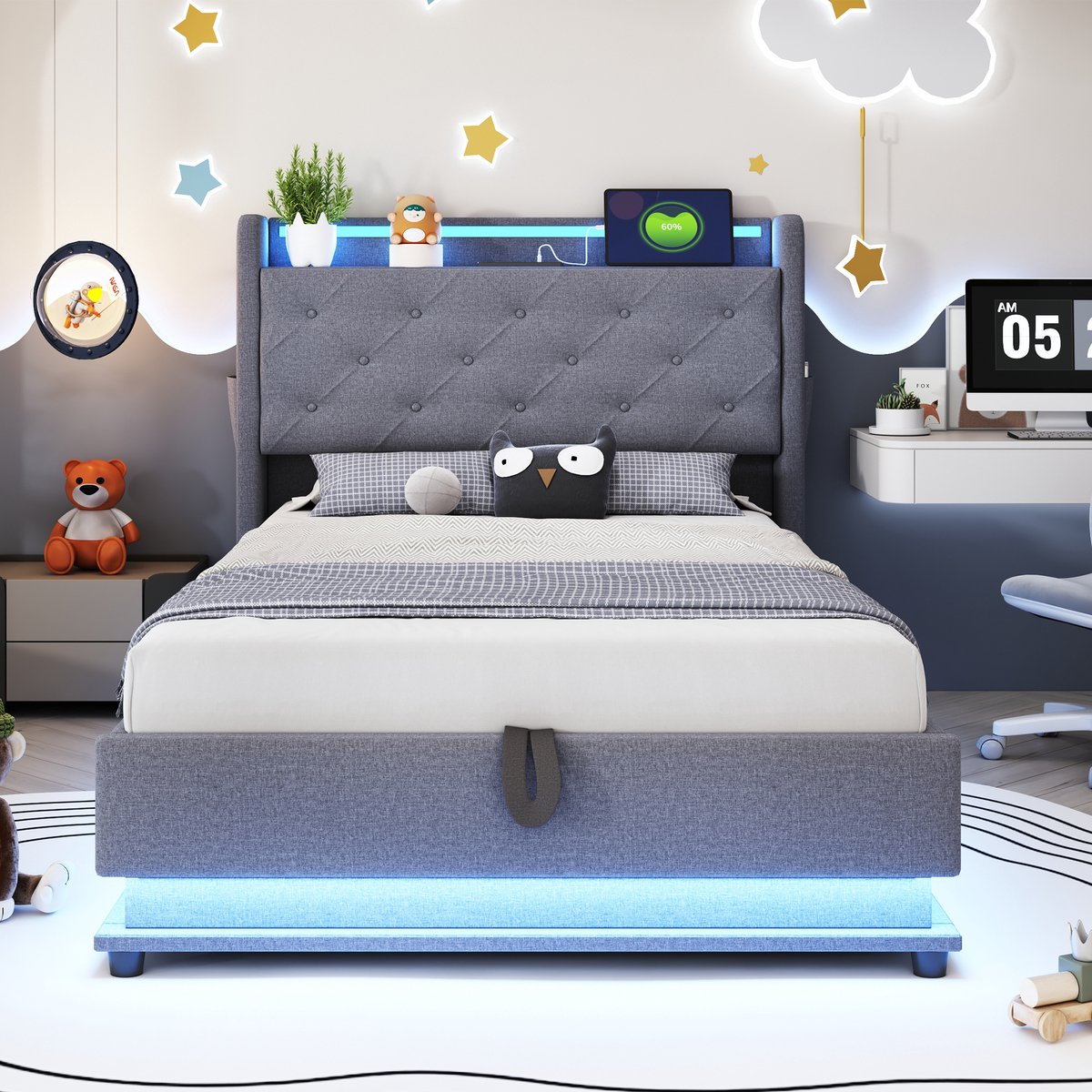 Merax Gestoffeerd bed 90x200 cm - met LED-verlichting en USB-aansluiting - met opklapbare hoofdeinde - met opbergruimte - grijs - zonder matras
