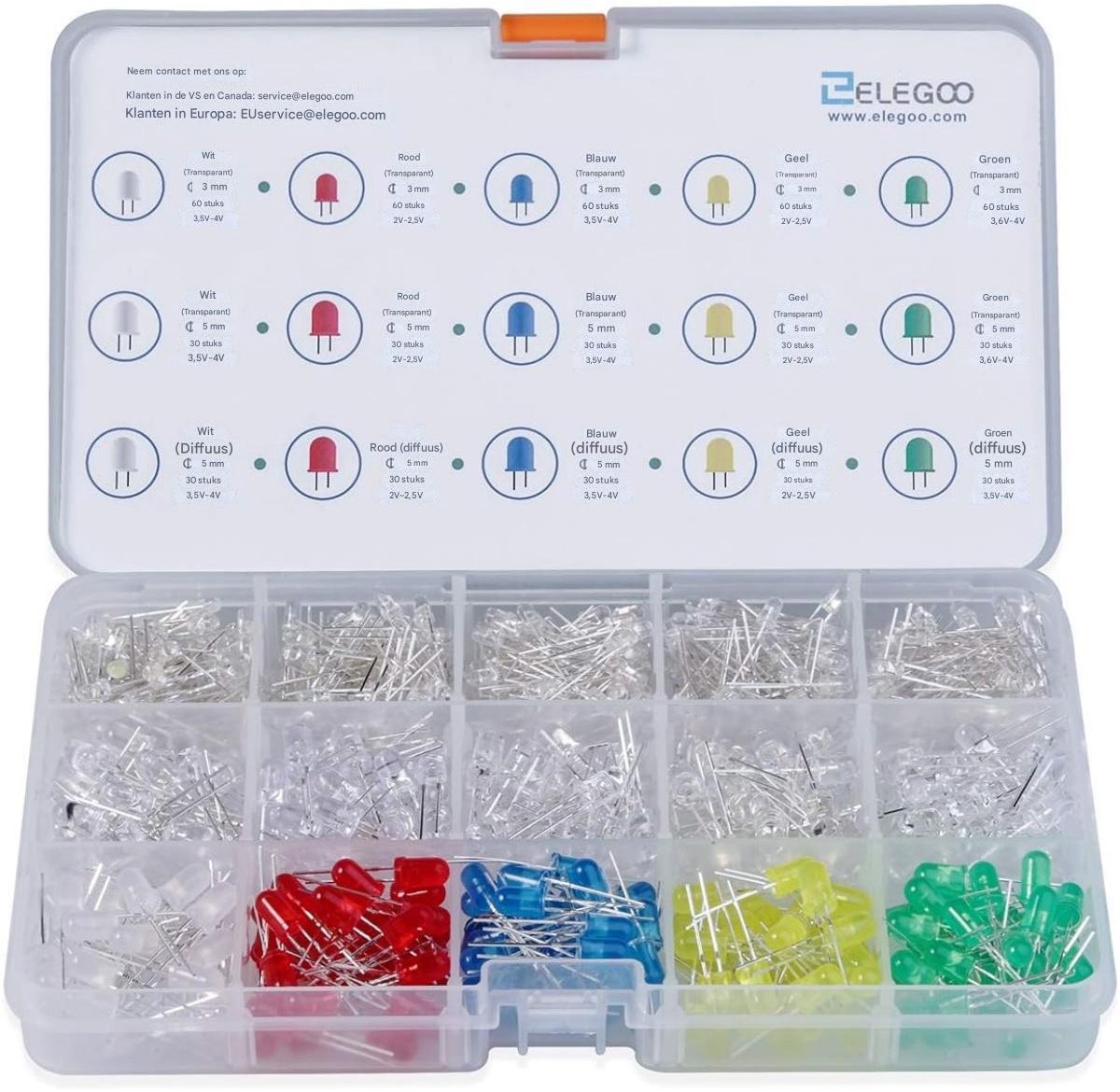 GELLDG 5 mm LED's - Ronde kop, vijfkleurige LED-set - 2-pins LED's - Geschikt voor knutselprojecten - Wit, geel, rood, blauw, groen - 120 per kleur - 20 mA - 3 V - 600 stuks per set