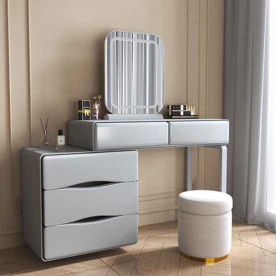 COSTWAY Make-uptafel met ledverlichting, kaptafel met 7 dynamische en 7 statische dimbare ledlampen, draadloos laadstation, USB-poort en 4 laden, make-uptafel met kruk COSTWAY Make-uptafel met ledverlichting, kaptafel met 7 dynamische en 7 statische dimbare ledlampen, draadloos laadstation, USB-poort en 4 laden, make-uptafel met kruk
