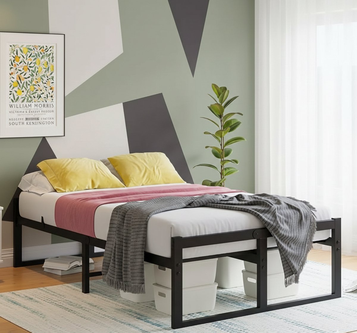 Metalen Bedframe 120x200 – Extra Stevig & Stil Zonder Gekraak – Inclusief Lattenbodem & 32cm Opbergruimte Onder Bed – Modern Zwart Logeerbed / Tienerbed – House&Garden