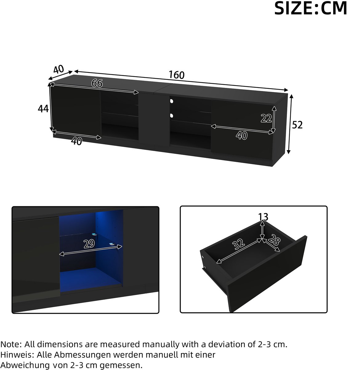 160 x 40 x 52 cm TV-Ständer, Hochglanz-Kommode, Sideboards mit LED-Beleuchtung, Lowboards passend für 65" Fernseher, geeignet für Wohnzimmer und Schlafzimmer,Schwarz