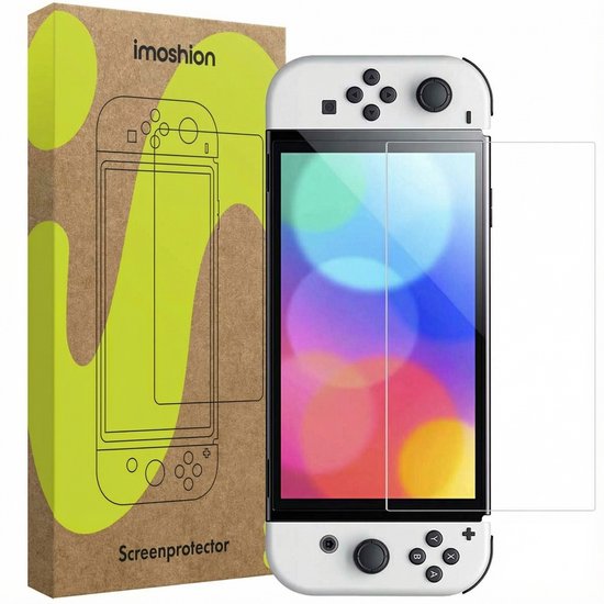 Witte Nintendo Switch OLED met imoshion screenprotector en verpakking.