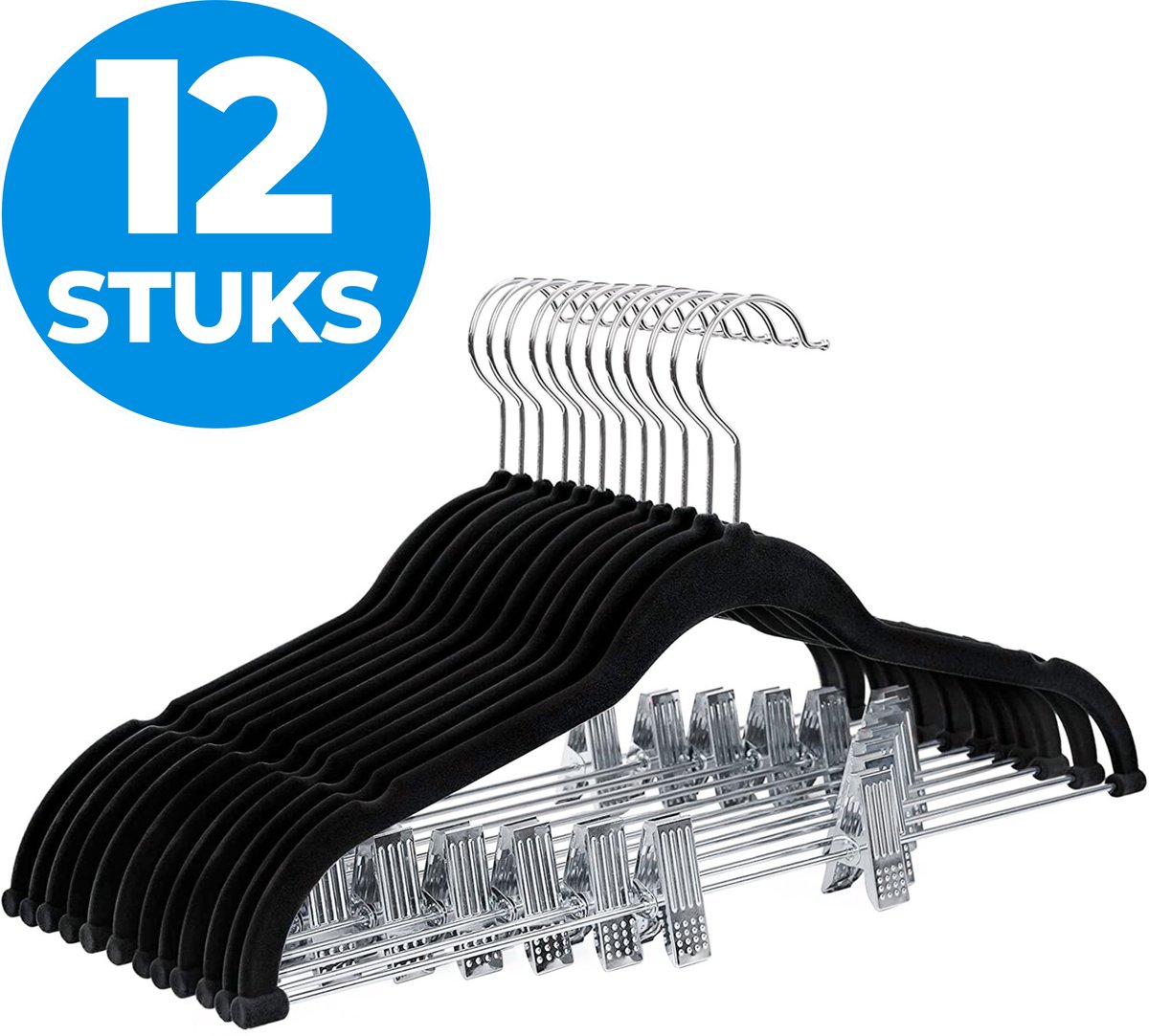 ACAZA Kledinghangers - Broekhangers - Broekhangers met Knijpers - 12 Stuks - Kleerhangers - Kledinghangers anti slip - Kledinghangers Zwart - Fluweel / Velvet - Broekhanger - Kleerhangers broeken - Kledinghangers met Knijpers