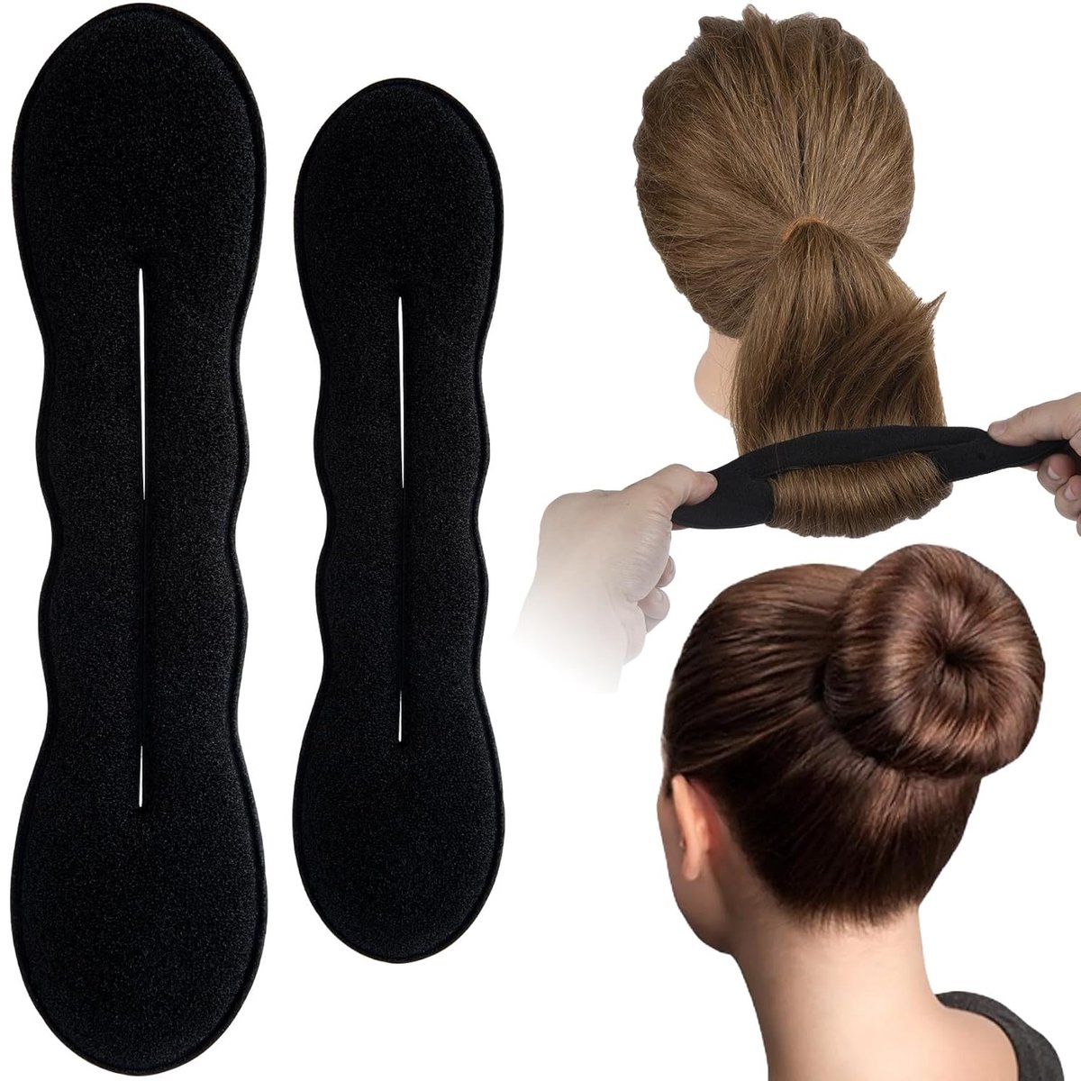 2-delige set - Haarstylingtool - Haarknottool met spons - Geschikt voor vrouwen - Klassieke krultang - Geschikt voor lang haar, krullend haar, steil haar en andere kapsels - Haarstylingaccessoires - Een grote en een kleine - Zwart
