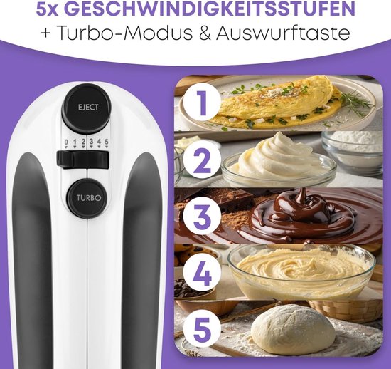 Krachtige elektrische handmixer met 5 snelheden en turboknop, RVS gardes van Merkloos — afbeelding 5