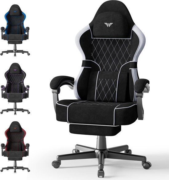 Zwarte gamestoel met witte accenten, voetensteun en hoofdsteun. Zijkanten met blauwe, paarse en rode stoelen.