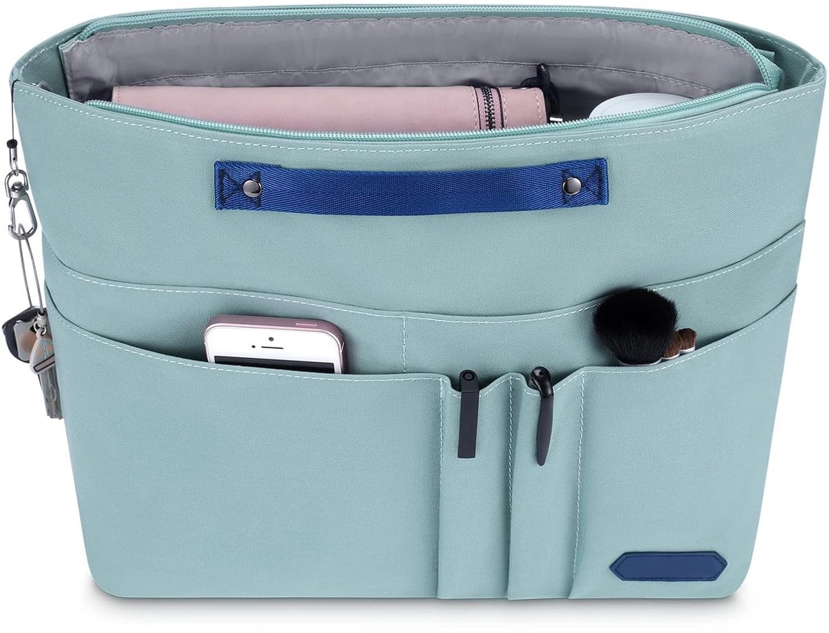 Handtas Organizer – Blauw Nylon Inzet met 15 Vakken, Rits & Sleutelhanger – Lichtgewicht Waterdichte Binnenvoering – Geschikt voor Longchamp, Tote Bags, Make-up & Reizen