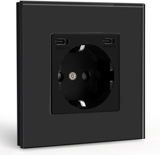 BSEED Schuko-stopcontact, Smart Alexa. wifi. aanraakschakelaar, glas, 3-in-1 USB type C, aanraaksensor, wandschakelaar, werkt met Google Home, 1-voudig, 1-weg, nuldraad vereist, zwart
