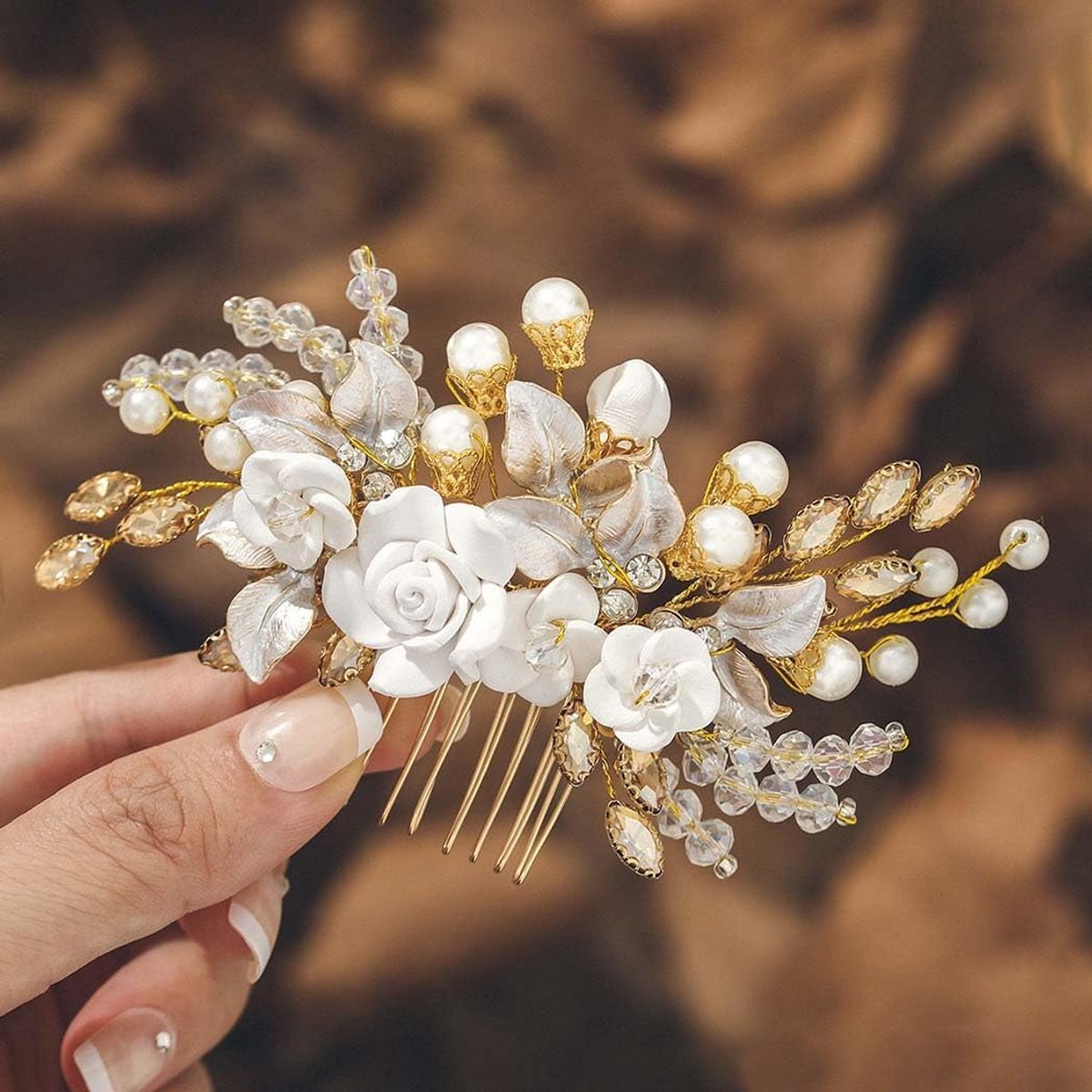 Elegante Gouden Bruidshaarkam met Kristal en Parel Decoratie voor Bruiloft