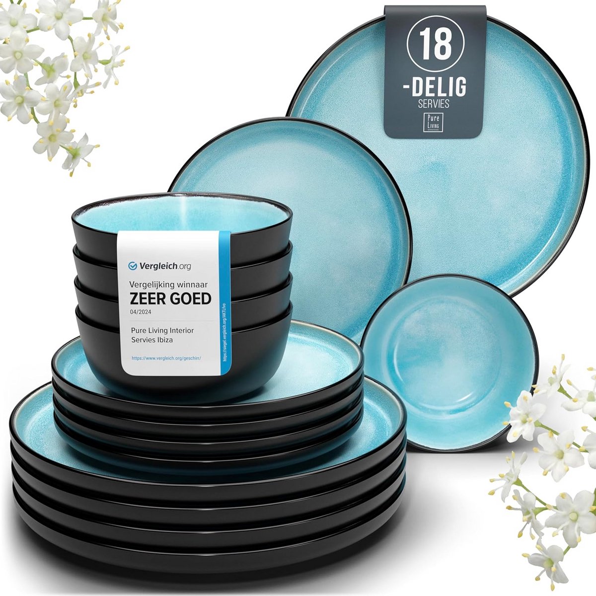 Servies Set 18-delig voor 6 Personen - Steengoed Ibiza Blauw - Vaatwasmachinebestendig