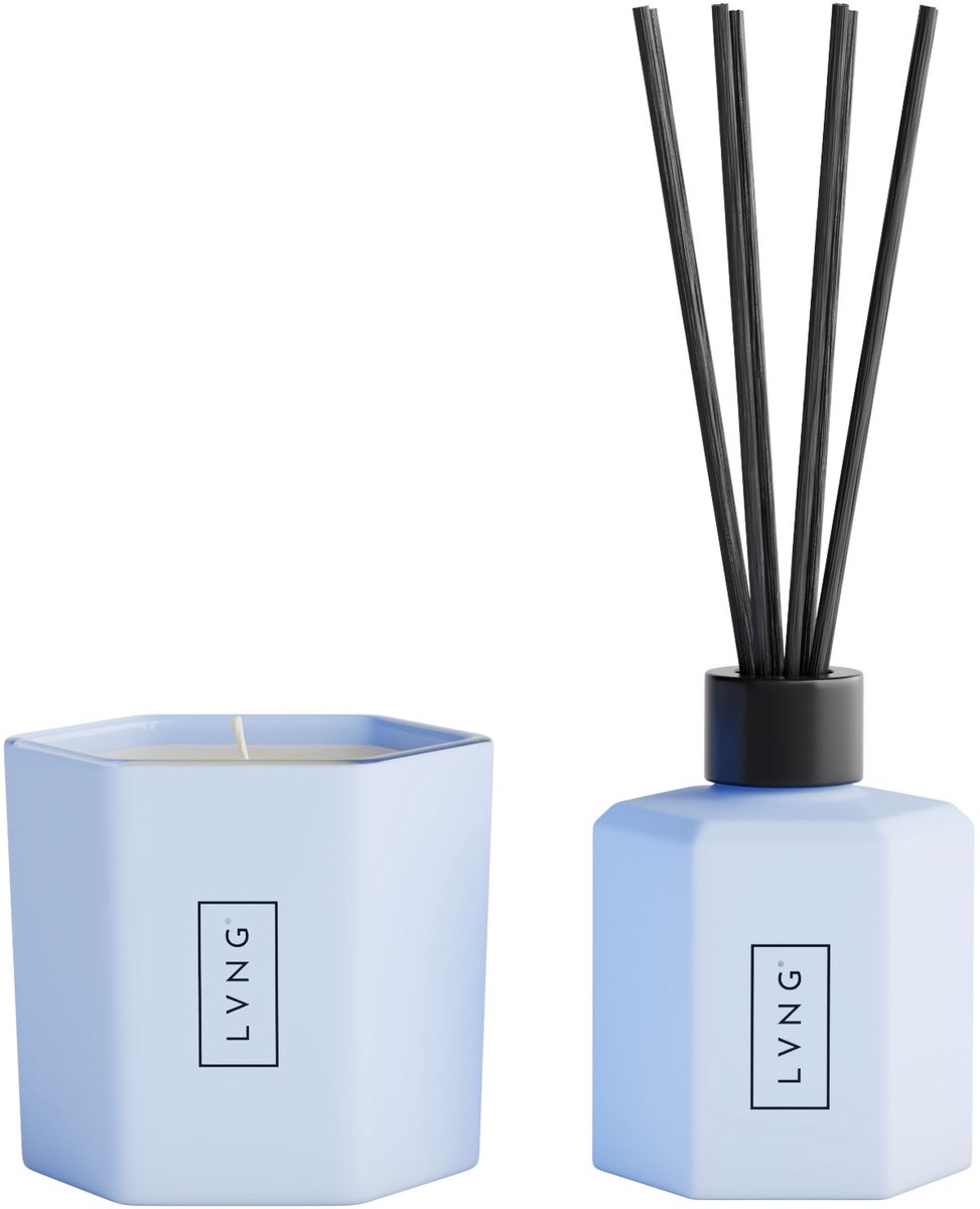 Geschenkset - Geurkaars & Geurstokjes - Cadeauset - Giftset - Huisparfum Santorini - Giftset | LVNG Champagne & Magnolia, Fris & Fruitig