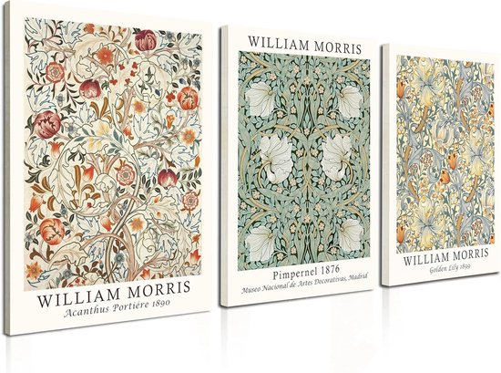 Drie William Morris prints: Acanthus Portière 1890 (links), Pimpernel 1876 (midden) en Golden Lily 1899 (rechts).