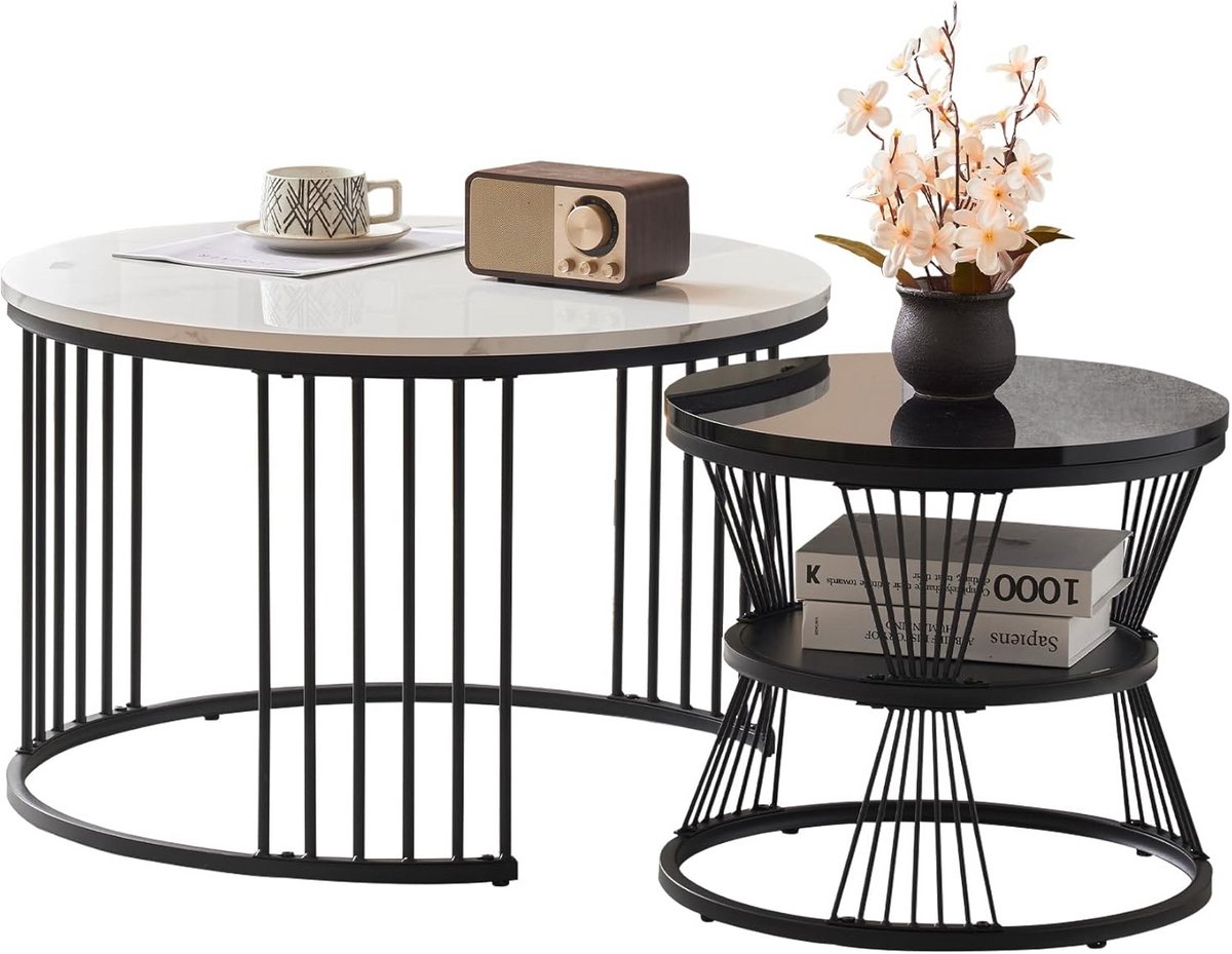 Set van 2 Moderne Ronde Salontafels met Metalen Frame en Marmerlook