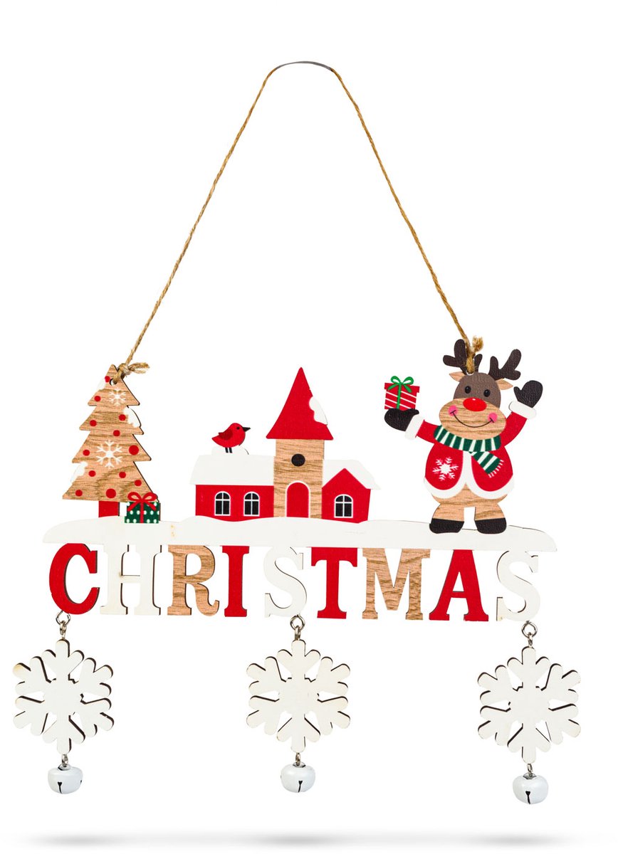 Hangende houten kerstdecoratie met belletjes – Kerstornament van hout 23 x 20 cm – Rendier of sneeuwpop design (willekeurig) 1 Stuks [59742]