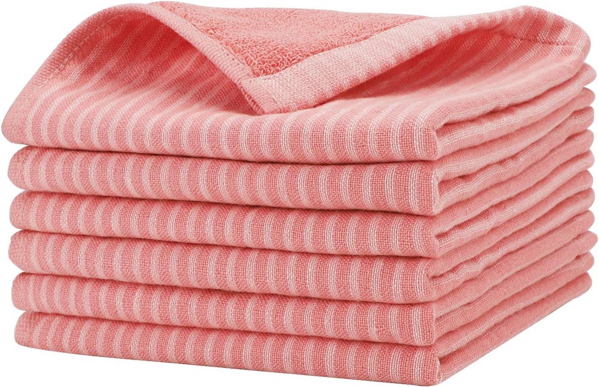 Set van 6 Zacht Katoenen Keukendoeken Roze Streep Hoog Absorberend