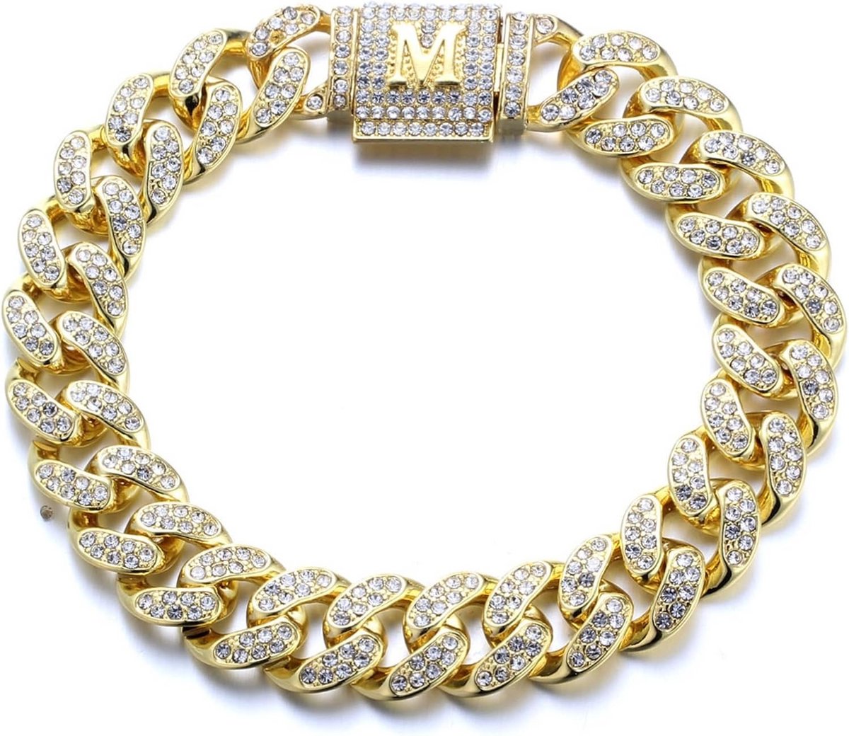 Vergulde Cubaanse Schakelarmband met Imitatie Diamanten voor Dames en Heren