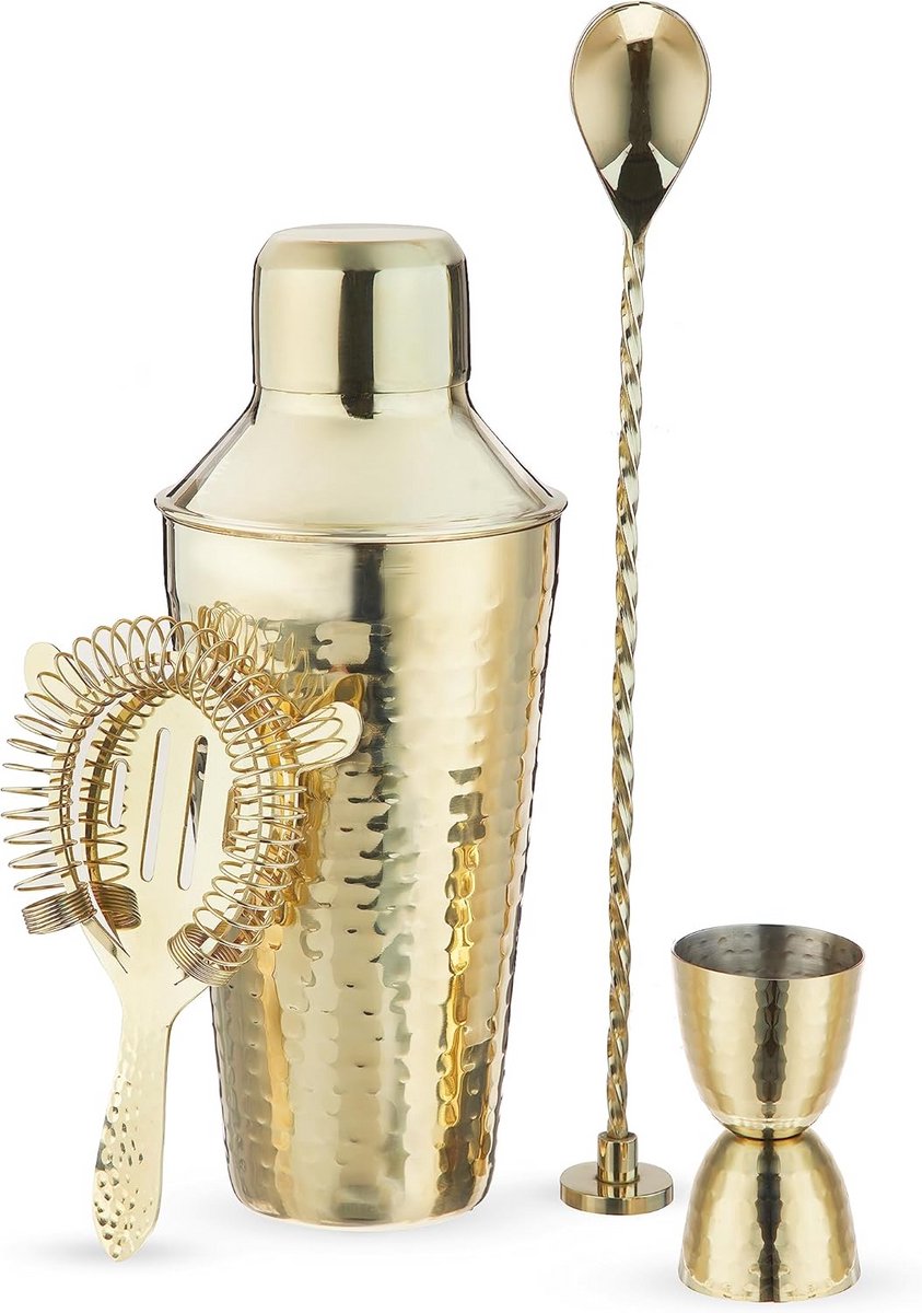 Luxe Gouden Cocktail Shaker Set - 4 Delig Barset RVS - Inclusief Zeef en Barlepel
