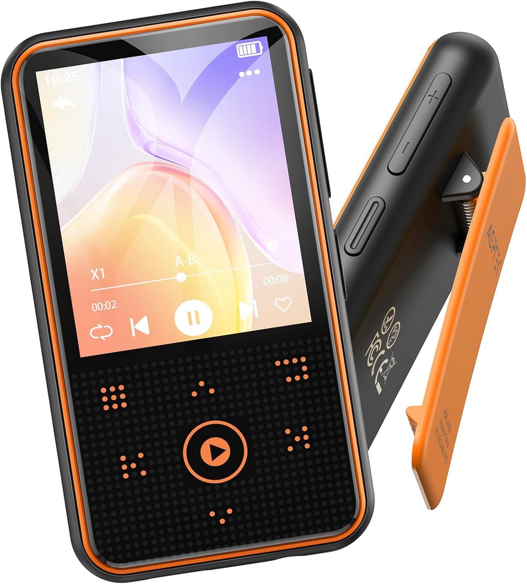 64GB Bluetooth MP3 Speler met Sport Clip en 1.8 Inch TFT Kleurenscherm - Mini Muziekspeler met Touch Knoppen en FM Radio, Ondersteunt 128GB SD Kaart, Oranje
