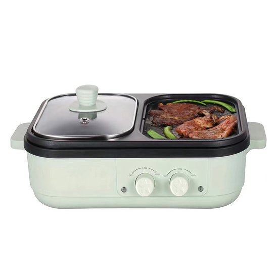 Elektrische Grill Kookpot - 2-in-1 Kookpot en Koekenpan met Antiaanbaklaag - Draagbare Pan met Glazen Deksel en Snel Opwarmen - Voor BBQ Steaks Noedels en Feest - Geschikt voor 1-2 Personen Thuis of Kamperen