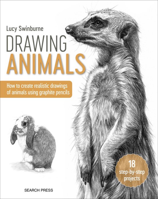 Boek 'Drawing Animals' van Lucy Swinburne, met een tekening van een stokstaartje en een konijn. Leer realistische dieren tekenen met grafietpotloden.