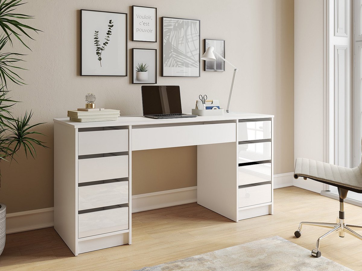 Vente-unique Bureau met 9 lades – Hoogglans Wit - JENEMI