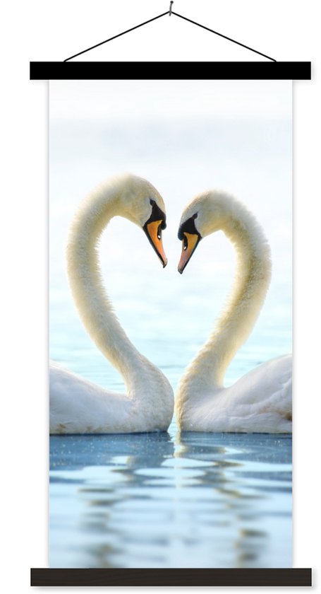 Posterhanger incl. Poster 40x80 cm - Schoolplaat - Zwanen - Hart - Koppel - Textielposter - Zwarte latten