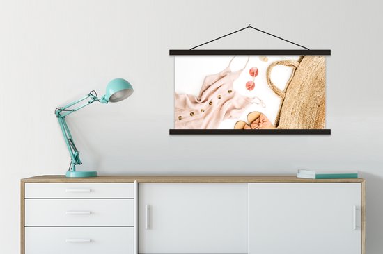 Porte-affiche avec affiche - Affiche scolaire - Sac - Lunettes de soleil - Slippers - 90x45 cm - Lattes noires