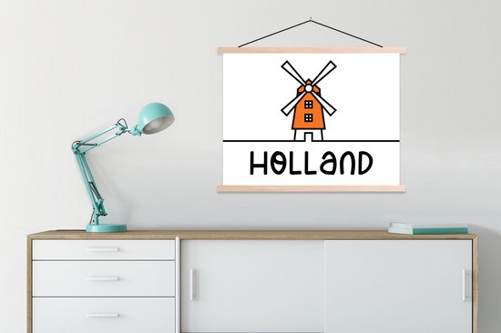 Posterhanger incl. Poster 60x45 cm - Schoolplaat - Molen - Oranje - Wit - Holland - Textielposter - Blanke latten