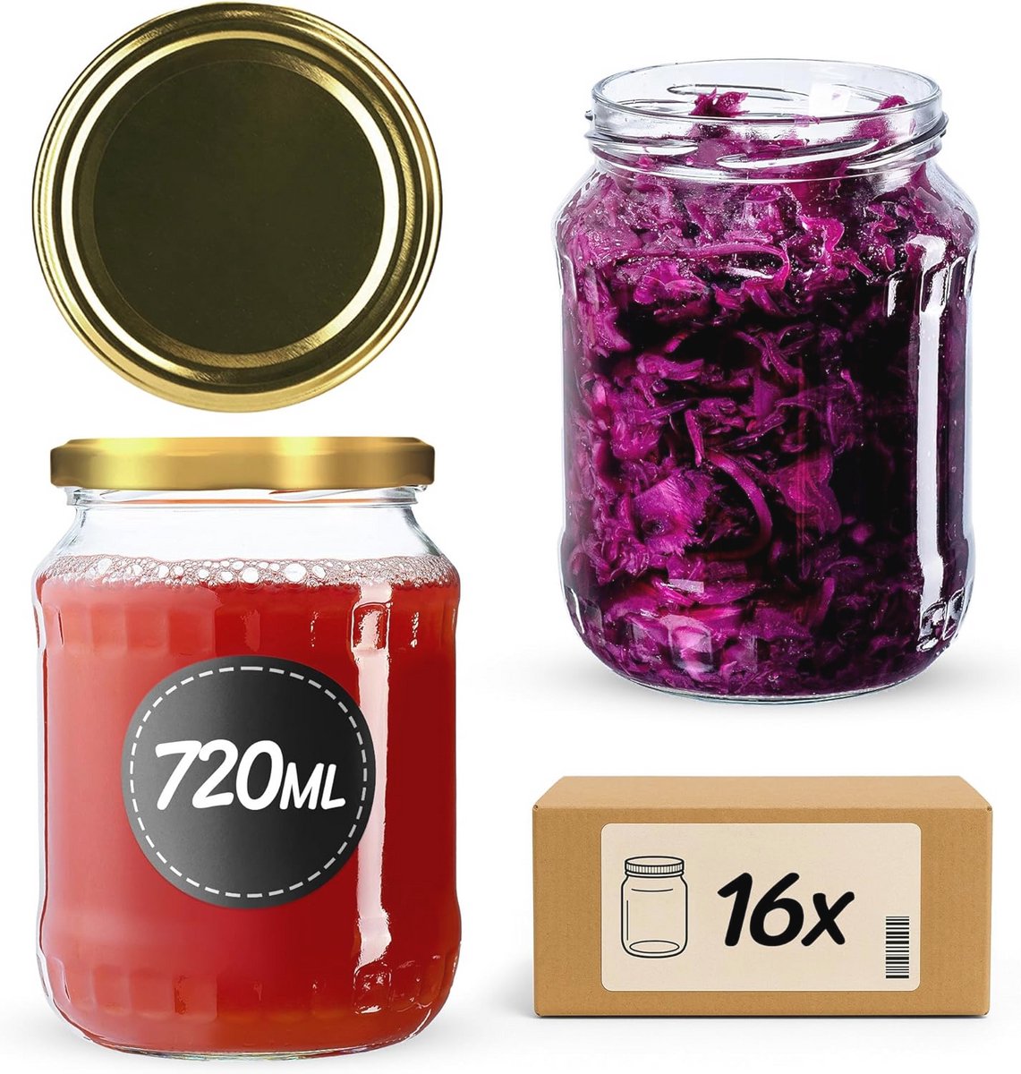 Inmaakpotten 720 ml - 16 Stuks met Schroefdeksel voor Inmaken en Bewaren