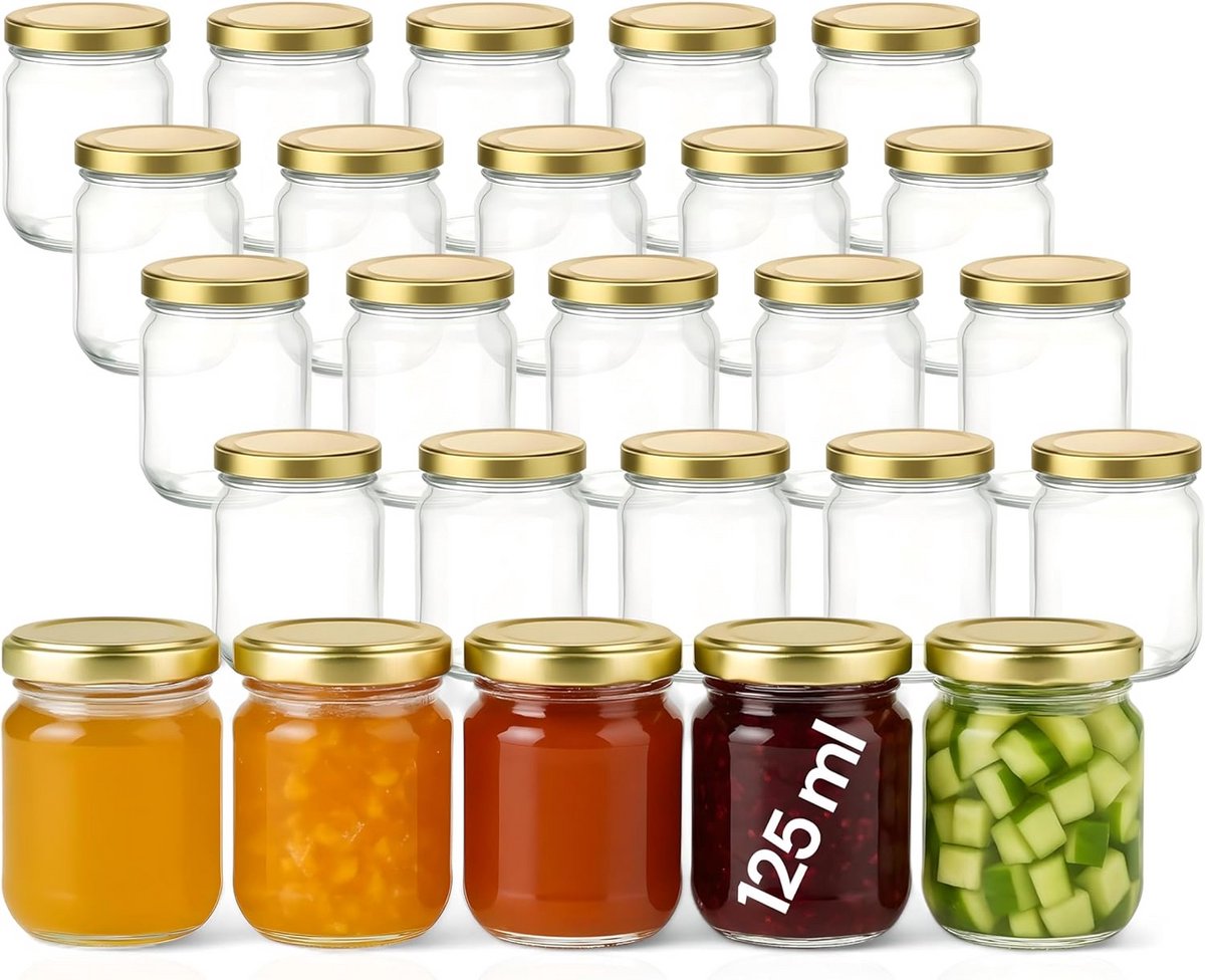 Set van 24 Kleine Inmaakpotten met Gouden Schroefdeksel 130ml