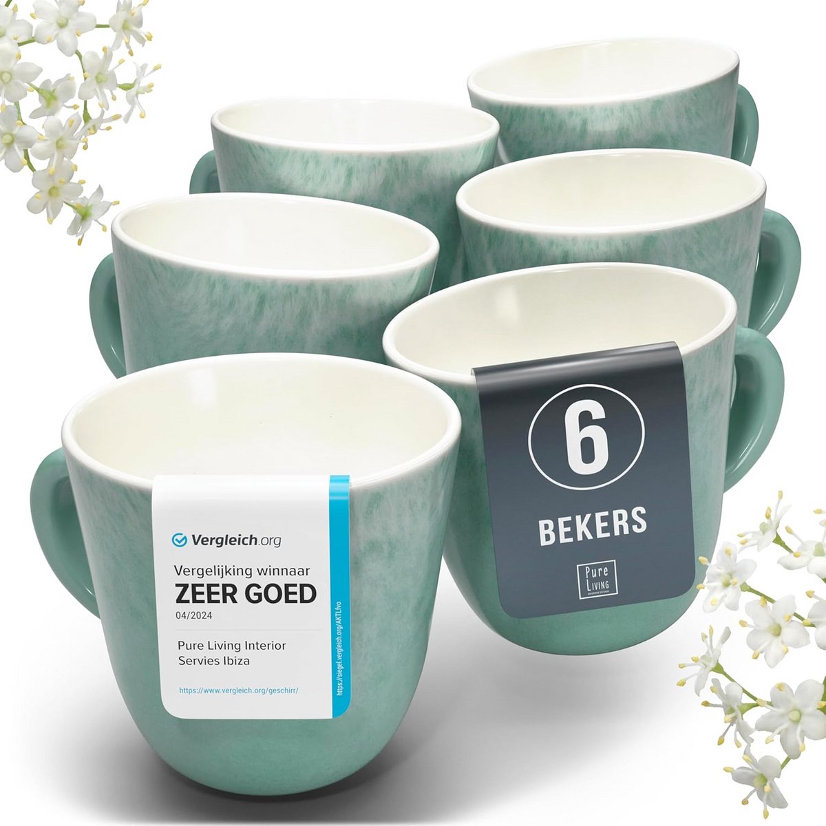 Set van 6 Steengoed Mokken – Moderne Licht Turquoise Koffiekopjes