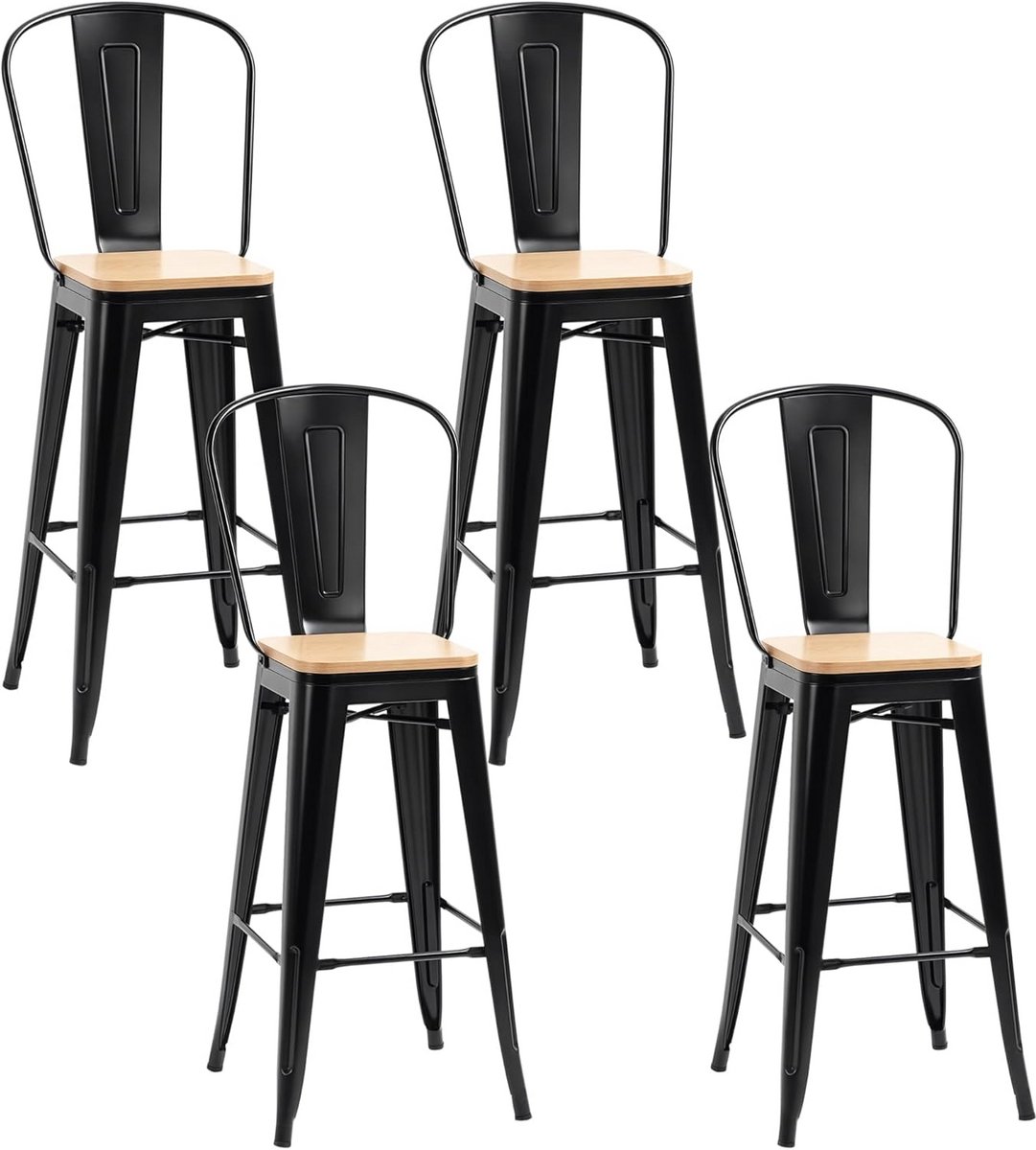 Set van 4 Industriële Barkrukken met Rugleuning en Voetensteun, Zithoogte 76 cm