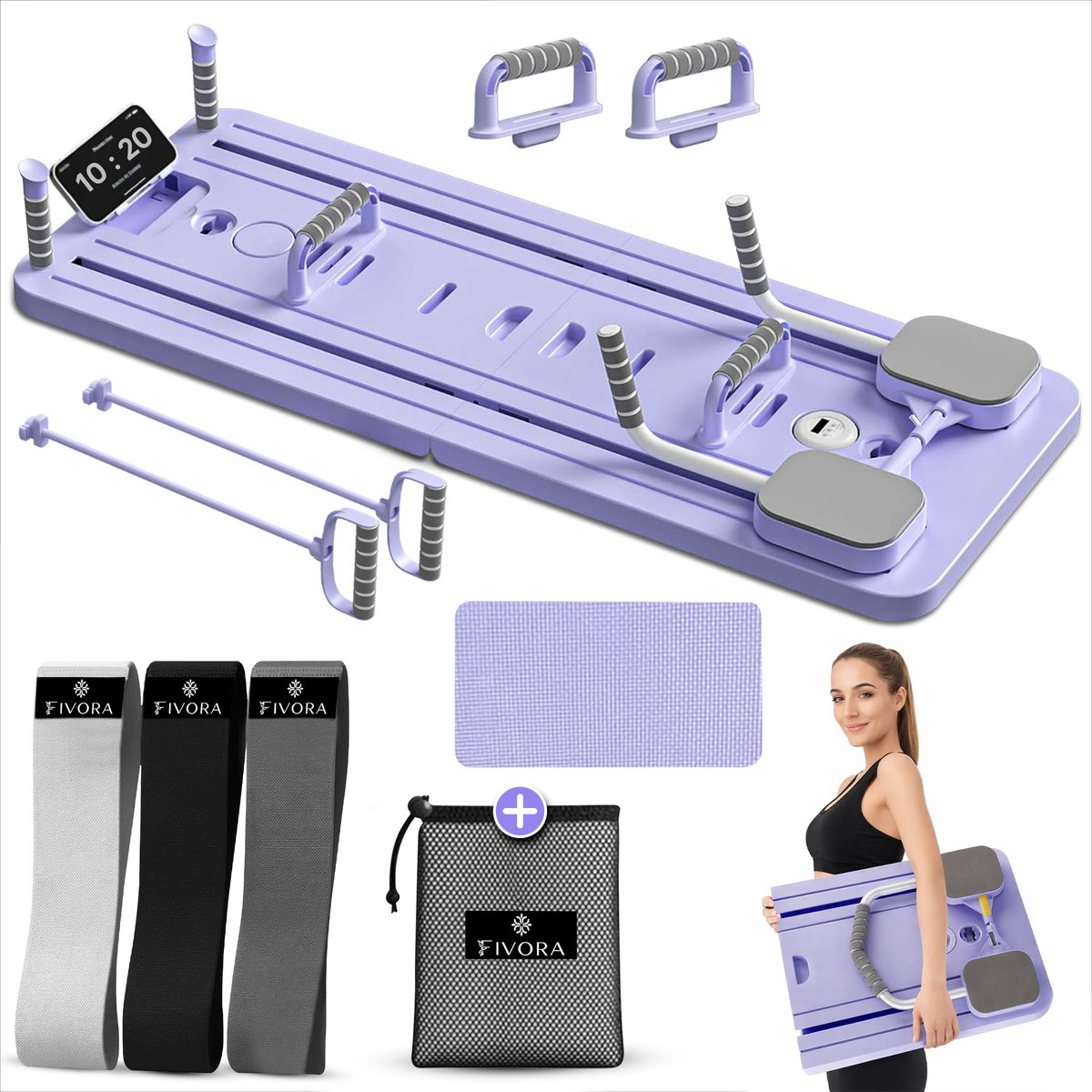 Fivora® Pilates board - Pilates set - Pilates reformer - Push up bord - Fitness elastiek - Weerstandsbanden - Resistance band - Sport elastiek banden - Telefoonhouder - Opvouwbare pilates set - Kniekussen - Kniemat - Buikspiertrainers