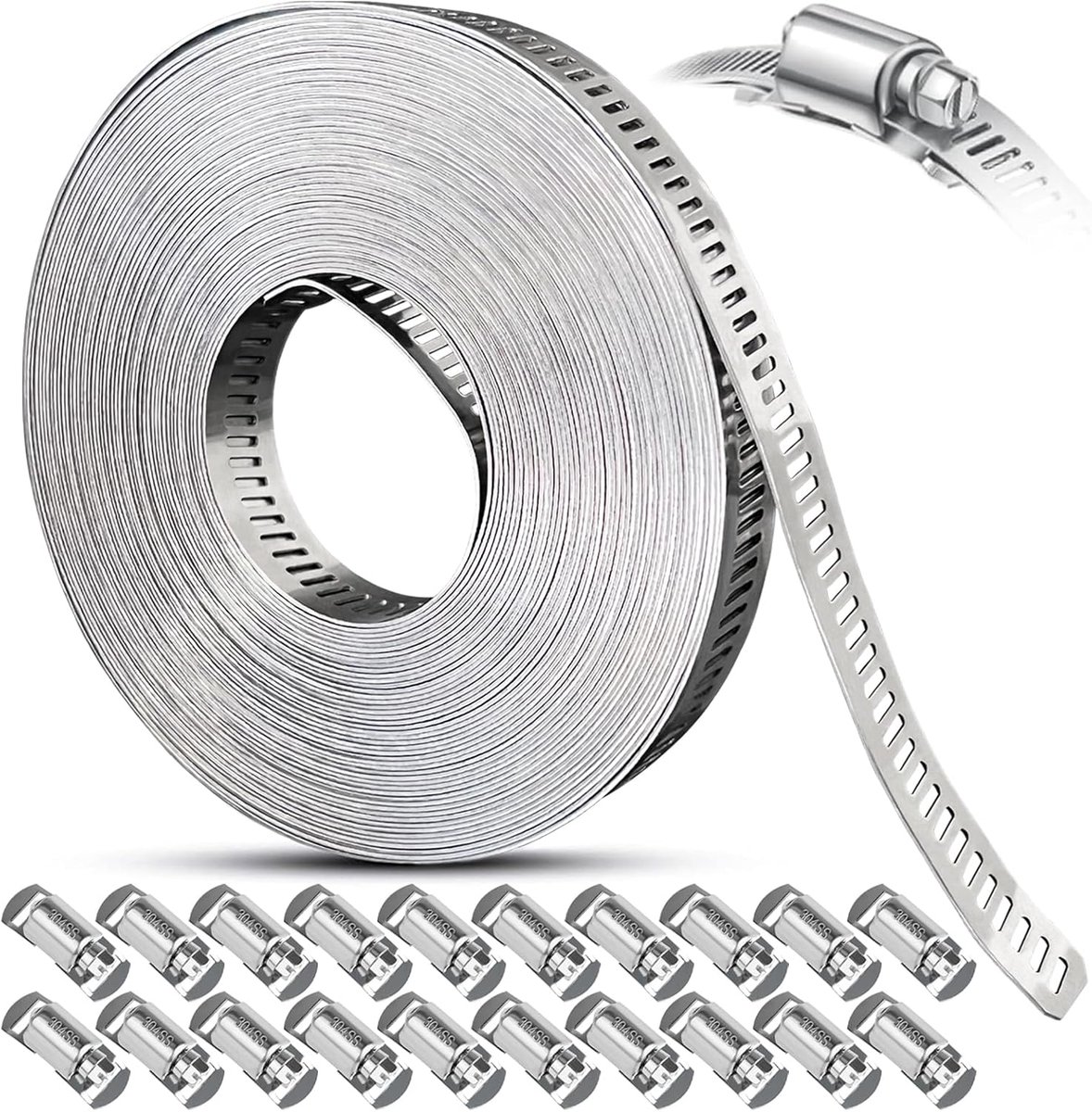 Slangklemmenset - Pijpslangklemmen - Roestvrijstalen kabelbinders - 10 meter - Verstelbare metalen bouten - Geschikt voor pijpen, autoleidingen en brandstofleidingen - Zilver