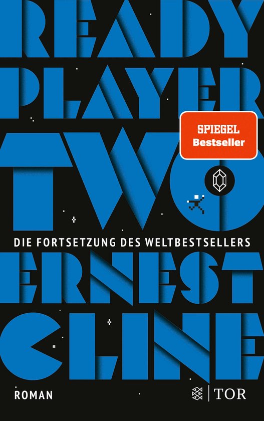 Boekomslag met blauwe geometrische letters en de tekst 'READY PLAYER TWO DIE FORTSETZUNG DES WELTBESTSELLERS ERNEST CLINE ROMAN'. Oranje sticker 'SPIEGEL Bestseller'.