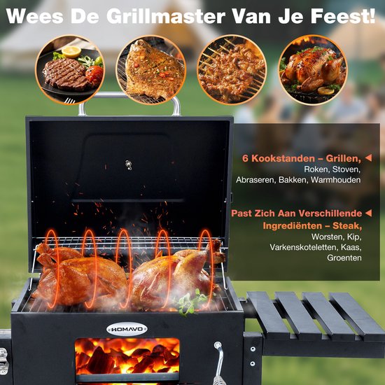 HOMAVO Houtskoolgrill, Barbecue met Deksel, Grilloppervlak: 56×42,5 cm, Hoogteverstelbare kolenbak, Opvouwbaar Zijtafeltje, Met Waterdichte Barbecuehoezen van Merkloos — afbeelding 5