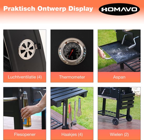 HOMAVO Houtskoolgrill, Barbecue met Deksel, Grilloppervlak: 56×42,5 cm, Hoogteverstelbare kolenbak, Opvouwbaar Zijtafeltje, Met Waterdichte Barbecuehoezen van Merkloos — afbeelding 3