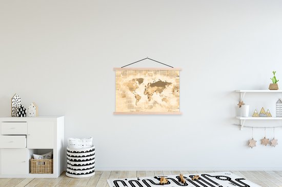 Wanddecoratie - Kaart - Vintage - Krant - Schoolplaat - 90x60 cm - Textielposter - Textiel poster