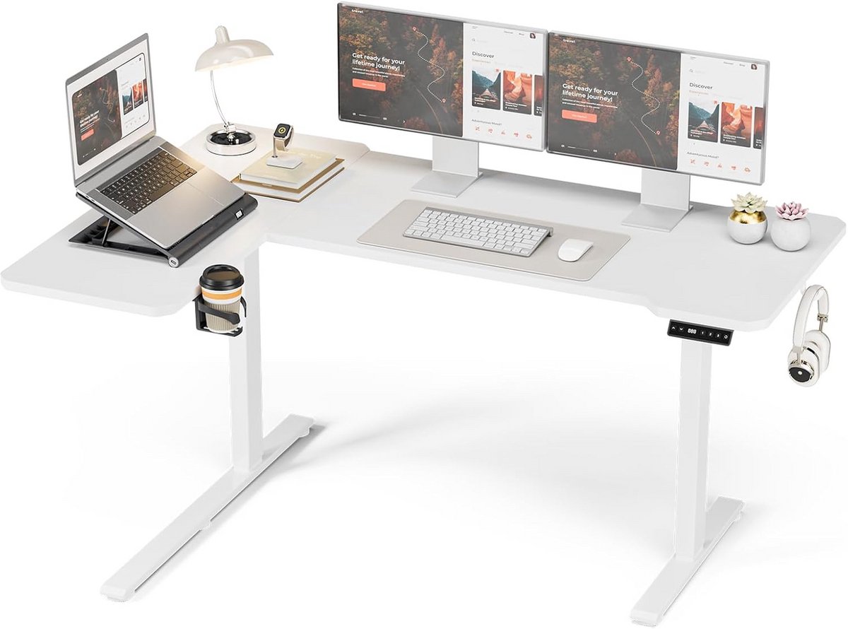 Elektrisch In Hoogte Verstelbaar Hoekbureau 150x100 cm - Zit-Sta Tafel Wit met Bekerhouder en Haak