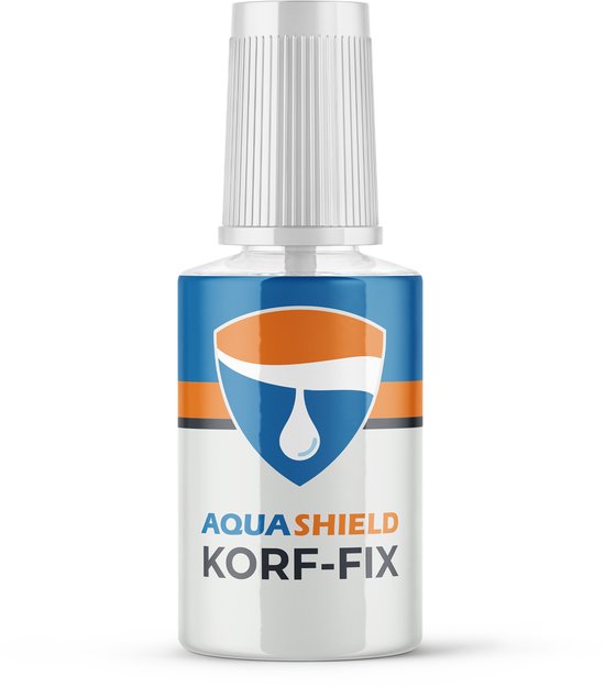 Aquashield Korf-Fix flesje, 20ML. Wit met blauw/oranje label met druppel-schild logo.