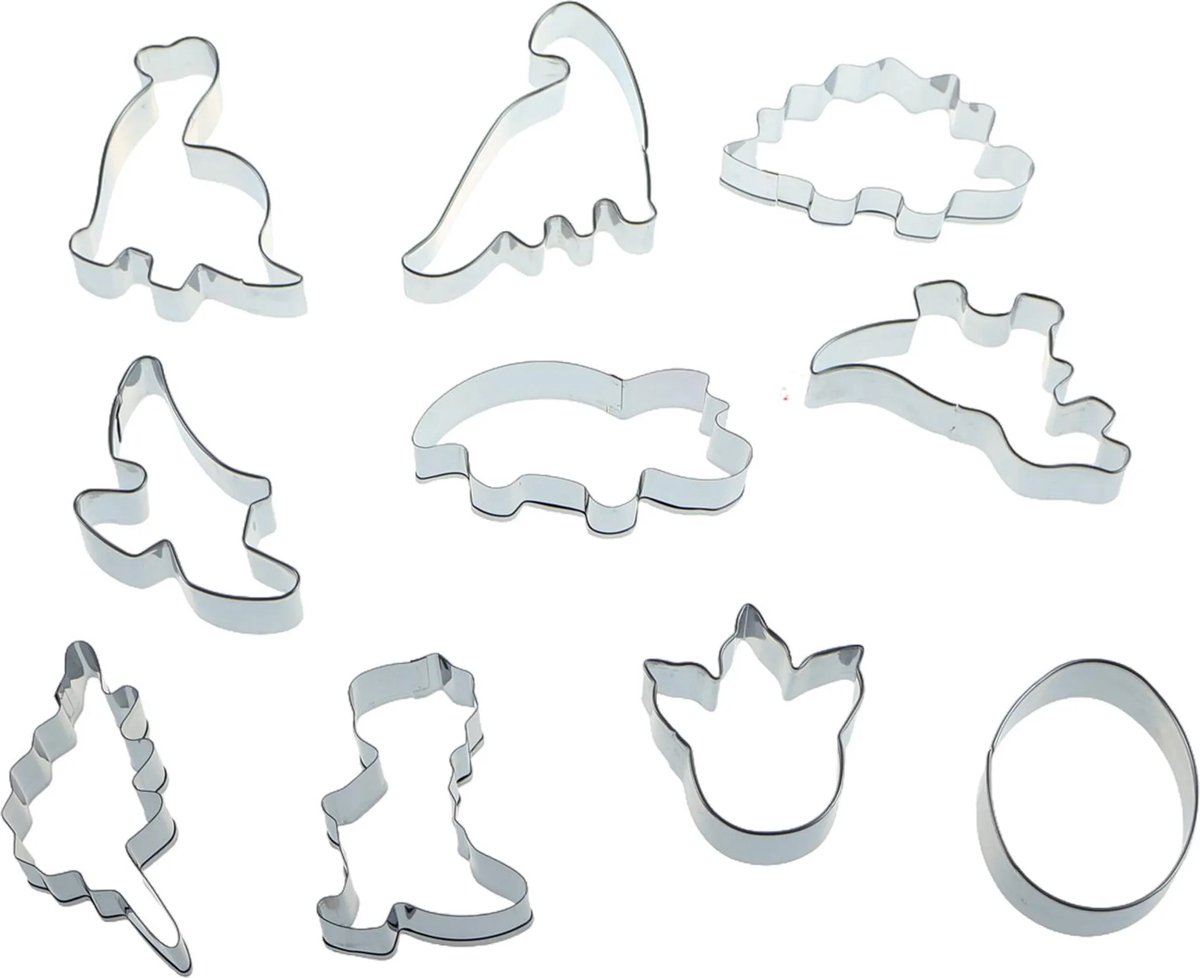 There are 10 different dinosaur shapes in the stainless steel cookie cutter.