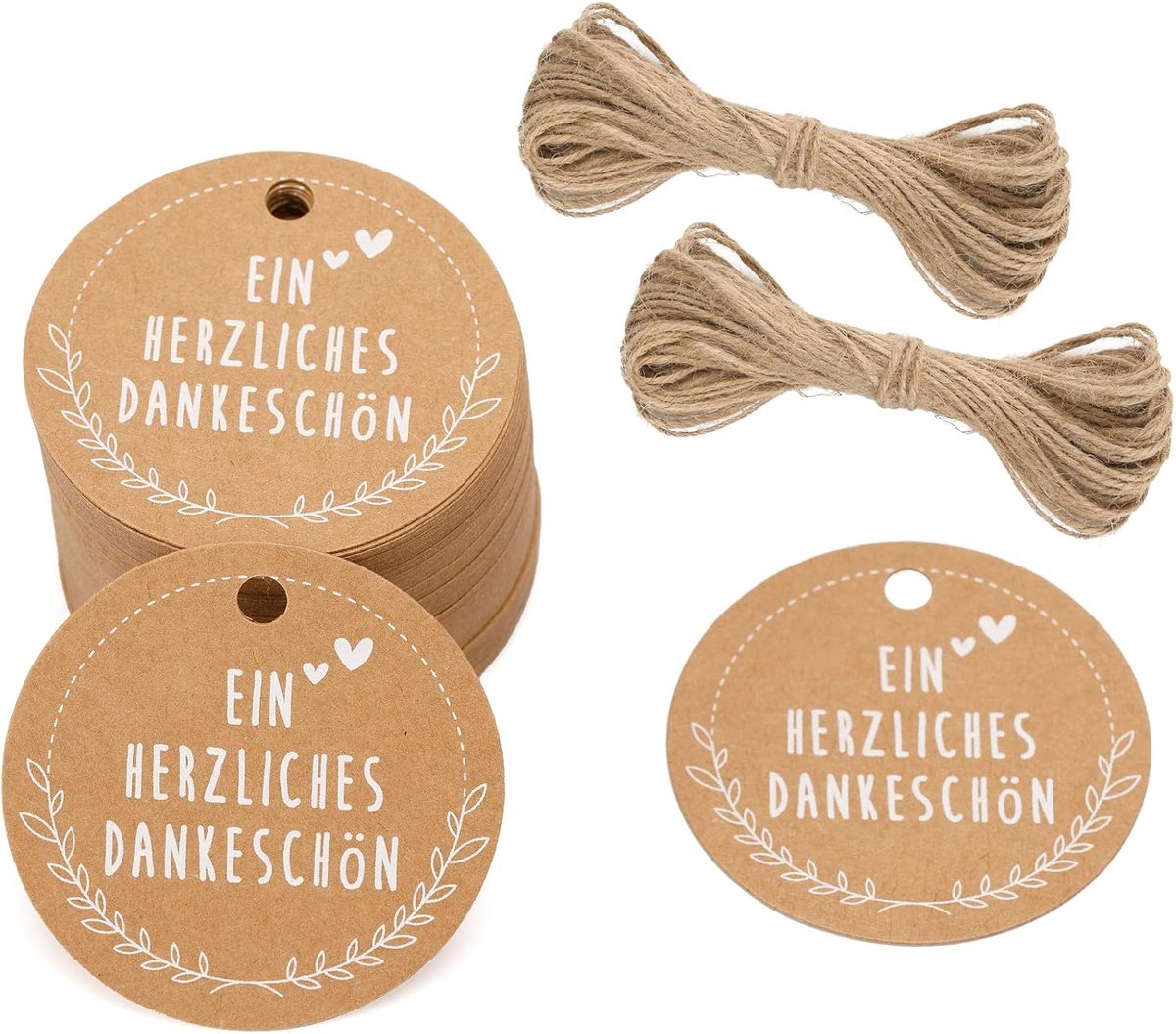 Ronde cadeaulabels hartelijk dank - papieren etiketten 100 stuks met jute koord.