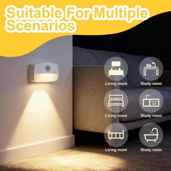 LED-nachtlampje met bewegingssensor - [Set van 4] Zelfklevend nachtlampje - Werkt op batterijen - Trapsensorlampje - Geschikt voor binnen - Ideaal voor badkamers, gangen, kledingkasten, keukens en kinderkamers, warm wit licht — afbeelding 5