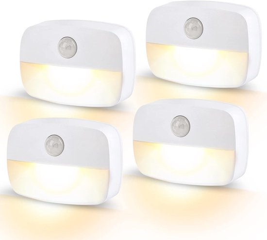 LED-nachtlampje met bewegingssensor - [Set van 4] Zelfklevend nachtlampje - Werkt op batterijen - Trapsensorlampje - Geschikt voor binnen - Ideaal voor badkamers, gangen, kledingkasten, keukens en kinderkamers, warm wit licht