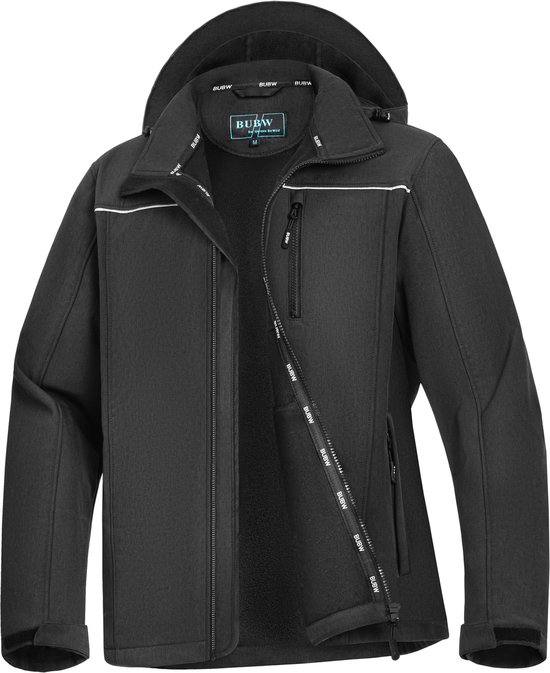 BUBW Heren Outdoorjas - Softshell Jas 4 Seizoenen - Winddicht - Waterafstotend - Outdoor Herenjas - Rits Zakken - Warme Fleece Gevoerd - Met Capuchon - Maat L - Zwart