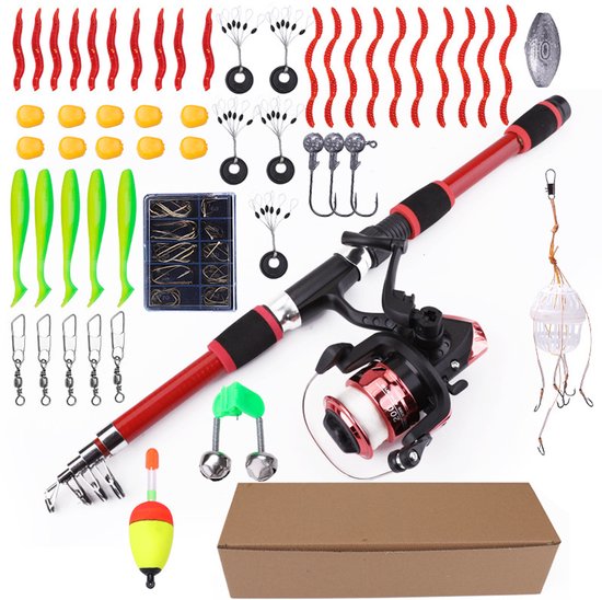 Complete visset met rode en zwarte vishengel met camouflagepatroon, molen, dobber, diverse haken, kunstaas, loden en aas-houder.