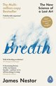 Boek 'Breath' door James Nestor, met blauwe wervelende inkt en tekst over een nieuwe wetenschap van een verloren kunst.