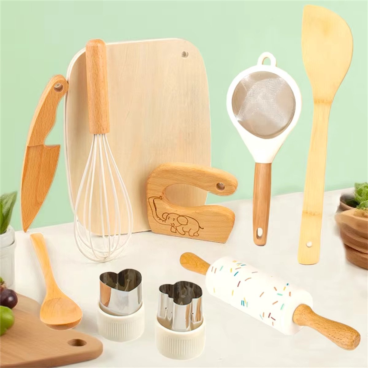 10-delige houten keukengereedschapset voor peuters, houten kinderveilige messen, educatief speelgoed, kinderbakset voor echt koken, Montessori keukengereedschap voor jongens en meisjes, rollenspel voor kleine chef-koks — afbeelding 2