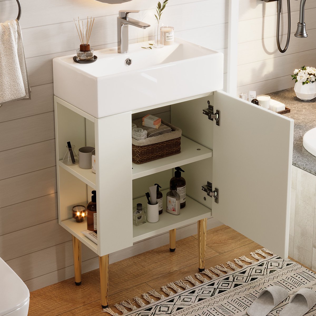 OKWISH Badmeubel – Compact Model – 1 Kast Met Zijvakken – 3D Paneel – Ingebouwd Werkblad En Hoogglans Keramische Wastafel – Waterbestendig MDF Wit