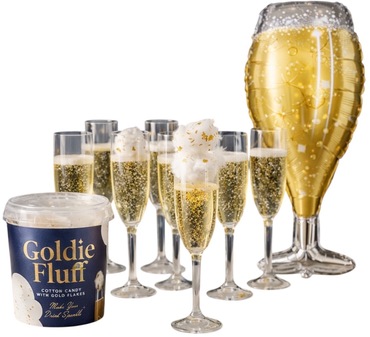 Nieuwjaarspakket - 8 Delig pakket - Champagne Ballon - Plastic Champagneglazen - Cutton Candy - Suikerspin - Cadeau - Coupe glazen